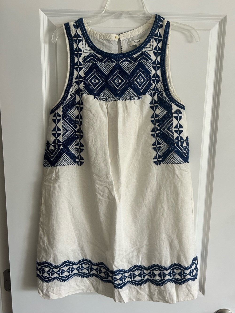Madewell White Linen-Cotton Dress with Navy Embroidery